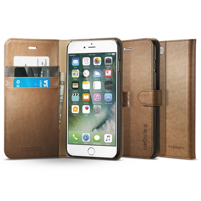 Кожаный чехол-книжка SPIGEN для iPhone 7 Plus / 8 Plus - Wallet S - Коричневый - 043CS20544