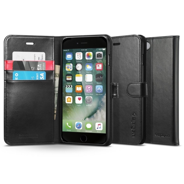 Кожаный чехол-книжка SPIGEN для iPhone 7 Plus / 8 Plus - Wallet S - Черный - 043CS20543