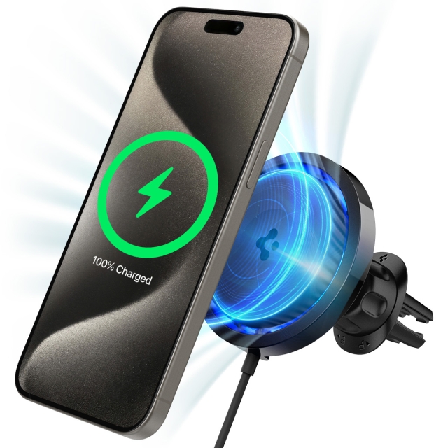 Автодержатель с зарядкой SPIGEN для iPhone MagSafe - OneTap Pro 3 Cryomax Wireless Charger (Air Vent) - Черный - ACP07082