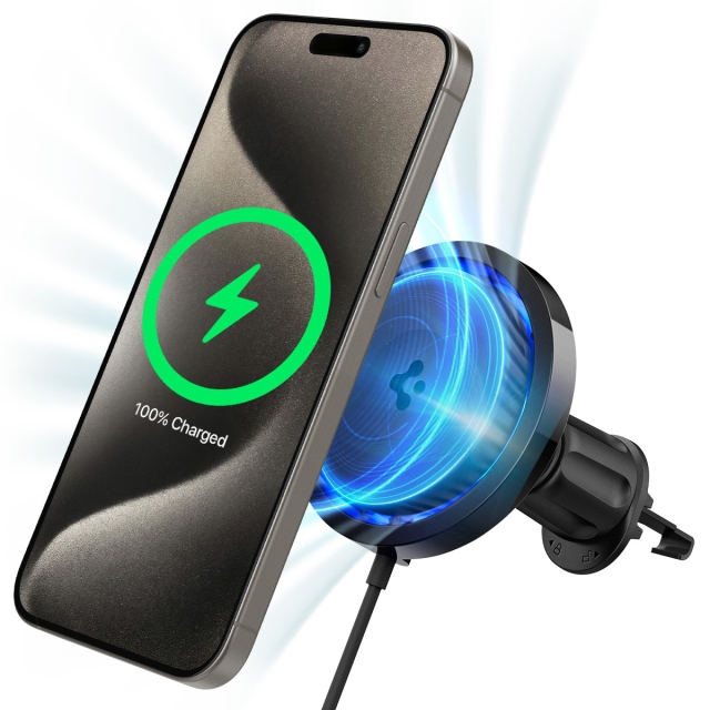 Автодержатель с зарядкой SPIGEN для iPhone MagSafe - OneTap Pro 3 Cryomax Wireless Charger (Airvent Hook) - Черный - ACP07446