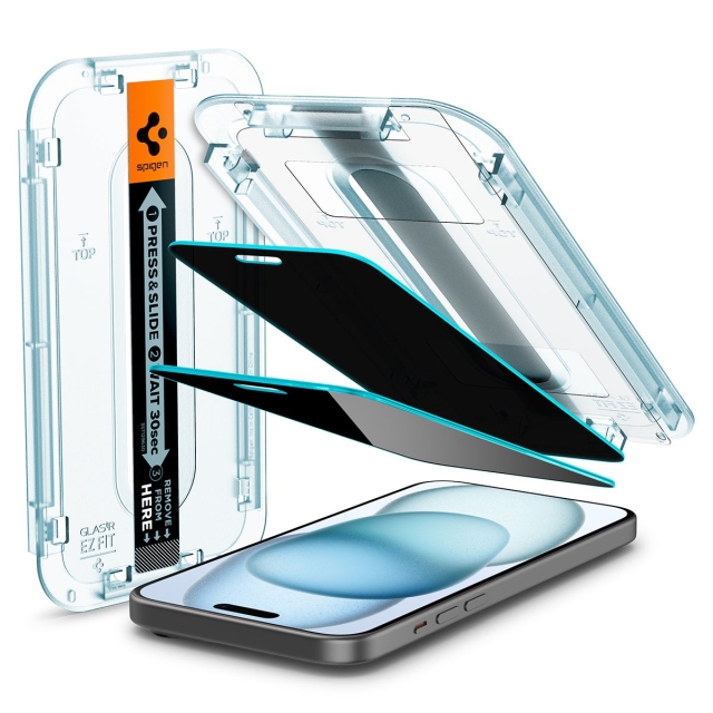 Защитное стекло SPIGEN для iPhone 15 - Glass tR EZ Fit (Privacy) - Прозрачный - 2 шт - AGL06905