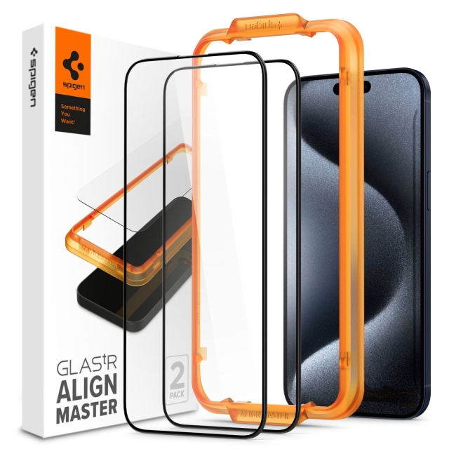 Защитное стекло SPIGEN для iPhone 15 Pro - Glass tR AlignMaster - Черный - 2 шт - AGL06895